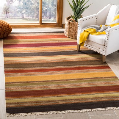 Handwoven Red and Gold Striped Wool Area Rug 5' x 8'