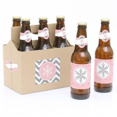 Big Dot of Happiness Pink Winter Wonderland - Holiday Snowflake Decorations for Women and Men - 6 Beer Bottle Label Stickers and 1 Carrier