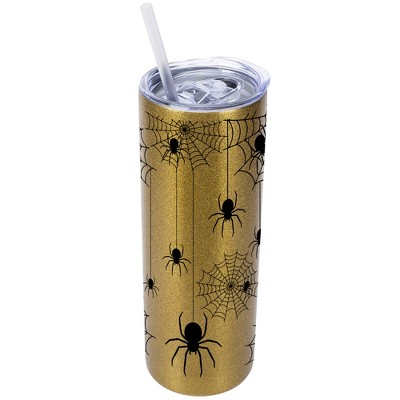 Elanze Designs Vegas Gold 20 Ounce Double Wall Stainless Steel Glitter Travel Tumbler With Sliding Lid And Straw, Spiders