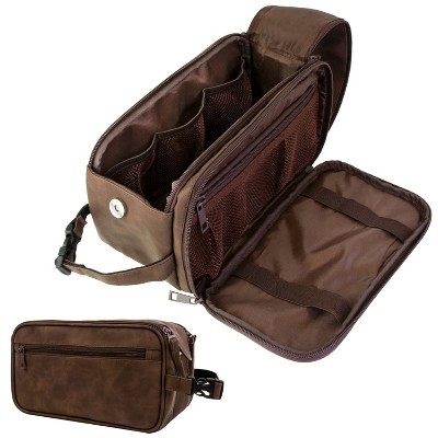 Travel Essentials Shaving Dopp Kit, Travel Bag Toiletries Organizer Case for Grooming, PU Leather Water Resistant Cosmetic Bag Pouch (Dark Brown)