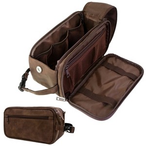 Travel Essentials Shaving Dopp Kit, Travel Bag Toiletries Organizer Case for Grooming, PU Leather Water Resistant Cosmetic Bag Pouch (Dark Brown) - 1 of 4