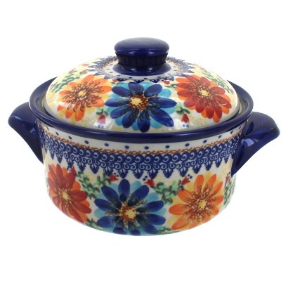 Blue Rose Polish Pottery Autumn Burst Round Baker with Lid