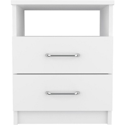 Vynxaria Modern Multipurpose Nightstand End Table Side Table - Superior Top, 2 Drawers, 1 Shelf, Metal Handles, White, 19.9"H x 16"W