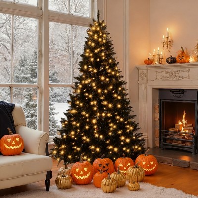 6 FT Pre-Lit Black Artificial Hinged Christmas Tree–920 Branch Tips, 280 Color-Changing LED Lights, 11 Lighting Modes, Holiday Decor for Home School