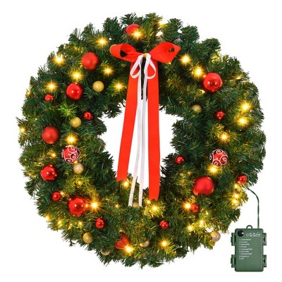 Angel Sar 36in Battery Powered Christmas Wreath, Pre-lit Artificial Wreath with 80 Warm Lights, 270 PVC Tips and DIY Ornaments, Front Door Wall Decor