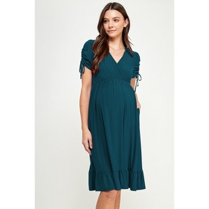 Hello Miz Maternity Faux Wrap Flowy Nursing Dress with Pockets - Teal