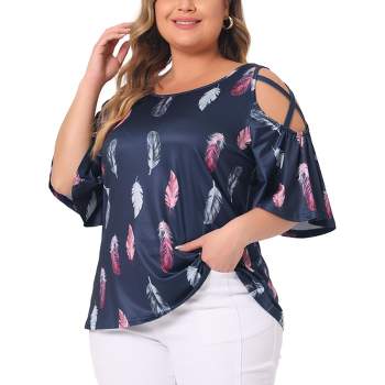 Agnes Orinda Women's Plus Size Feather Print Cold Shoulder Ruffle Short Sleeves Trending Outfits Blouses