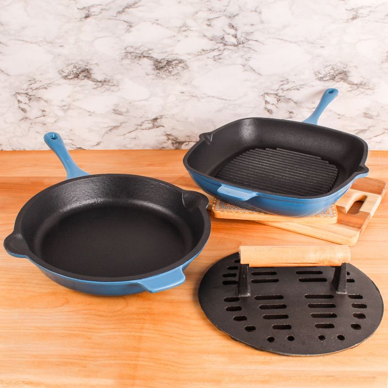 BergHOFF Neo 3Pc Cast Iron Cookware Set, Fry Pan 10", Square Grill Pan 11" & Slotted Steak Press, 2 of 9