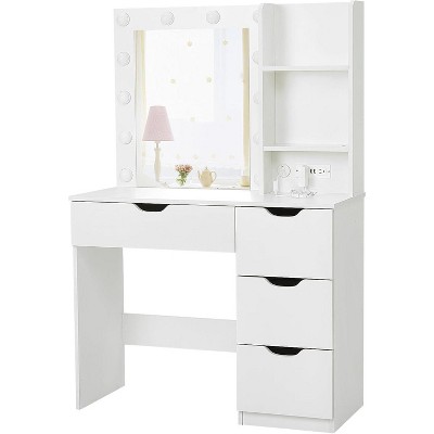 Makeup Vanity with Mirror, 12 LED Lights and Power Outlet, 3 Adjustable Lighting Modes and Brightness Levels for Bedroom