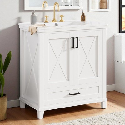 30" Bathroom Vanity with Sink, Freestanding Solid Wood Frame Cabinet with 2 Soft-Close Doors, 1 Drawer & Adjustable Shelves for Bathroom Storage