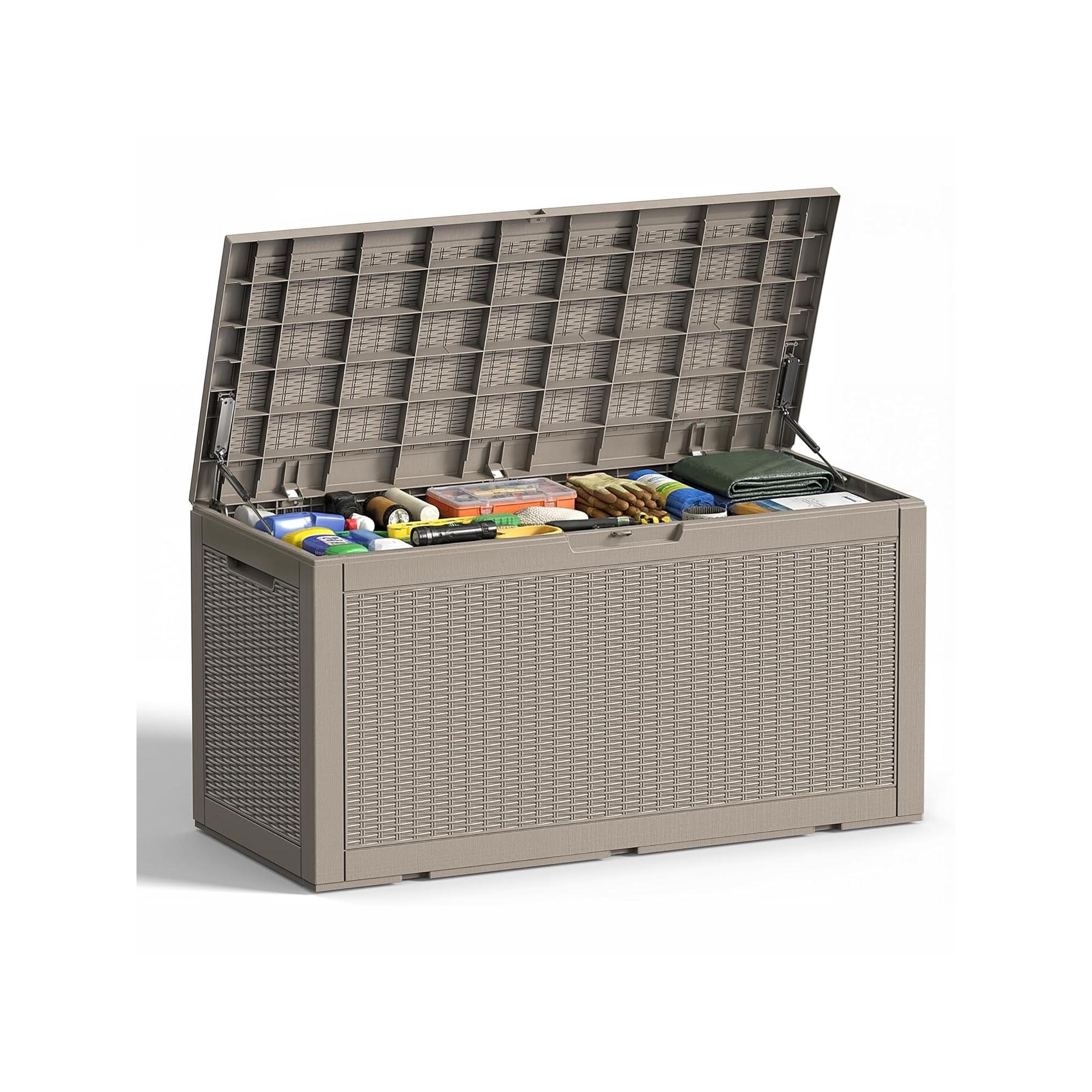 100 Gal.Resin Deck Box, Lockable Patio Outdoor Storage Box for Furniture, Garden Tools, Waterproof Outside Storage Boxes
