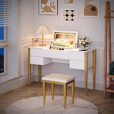 Makeup Vanity Desk with Lights and Stool, Vanity Desk with Flip Top and Mirror, Vanity Desk with Center Cabinet and 4 Drawers 3 Lighting Modes, Gold