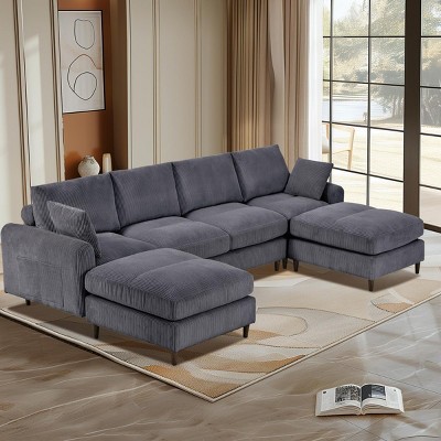 INFURNIC Sofas Modern Corduroy Modular Sectional Sofa U Shaped L Shaped Convertible with Pillows for Living Room, Grey, 121.65"*63"*32.68"
