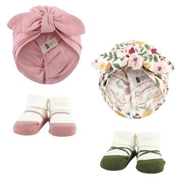 Hudson Baby Infant Girl Turban and Socks Set, Fall Botanical, One Size