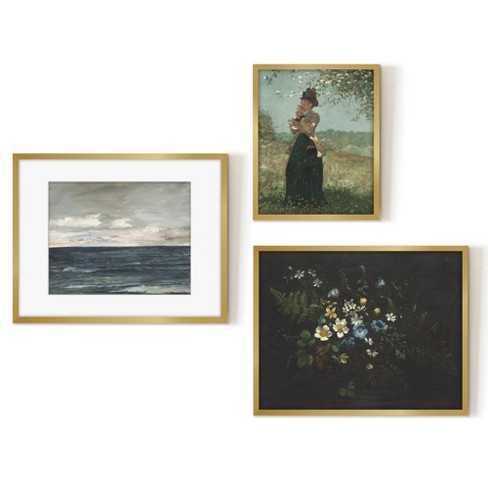 Americanflat 3 Piece Vintage Gallery Wall Art Set Gold Framed - Bouquet  Against Black, Jersey Coast, Smelling The Blossoms By Maple + Oak : Target