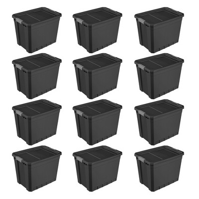 Sterilite Storage System Solution with 27 Gallon Heavy Duty Stackable Storage Box Container Totes with Grey Latching Lid, 12 Pack