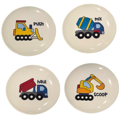 4E's Novelty 4 Melamine Kids Plate Set for Boys, Construction Toddler Plate Set