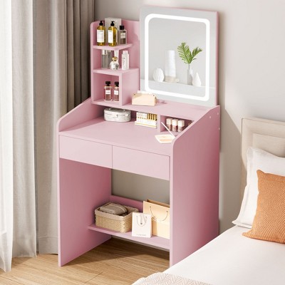 Vanity Desk Set with Square Mirror and Light- Small Vanity Tale with Drawers