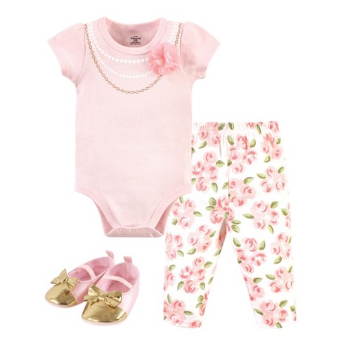 Little Treasure Baby Girl Cotton Bodysuit, Pant And Shoe 3pc Set, Pearl ...