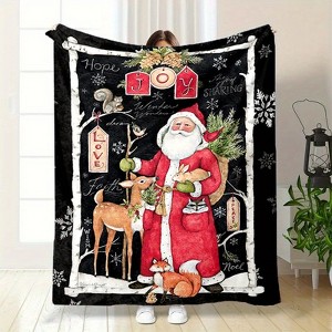 Lomsoe Vintage Santa Claus and Reindeer Print Flannel Blanket - All Seasons Soft Cozy Warm Throw Blanket for Bed, Napping, Camping, Travel, Office - 1 of 4