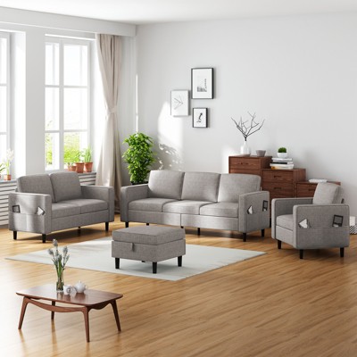 Mjkone 78" Linen Sectional Couches Set , 3-Seater Sofa with Storage Ottoman and Loveset Sofa and Armchair