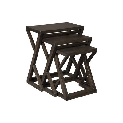 Set of 3 Wooden Nesting Accent Tables with Geometric Design Base Brown - Benzara