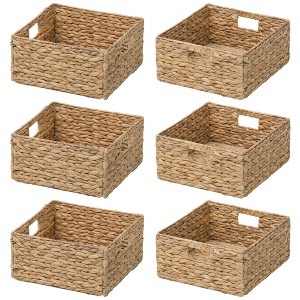 eHemco Large Square Woven Hyacinth Wicker Pantry Storage Baskets with Iron Wire Frame, 12"x12"x6", Natural - 1 of 4