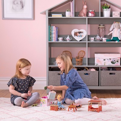 Gray Wooden Kids' Dollhouse Bookcase with Storage Bins