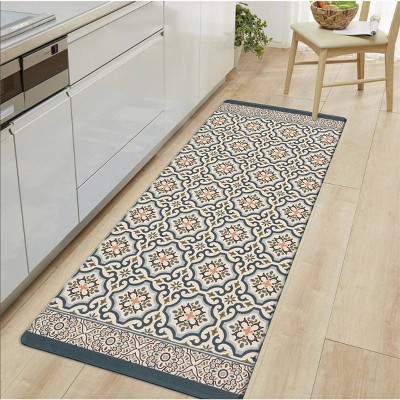 Blue Rectangular Anti-Fatigue Kitchen Mat with Pattern