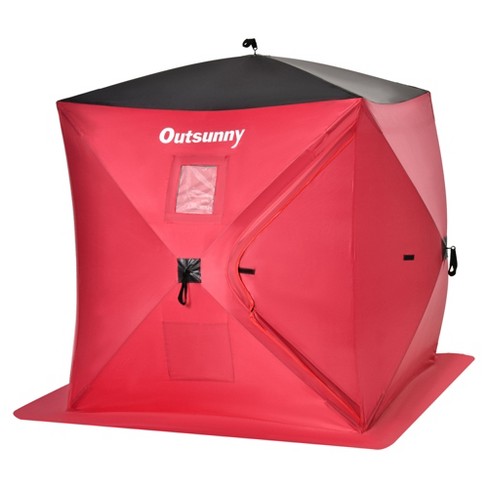 Outsunny 2 Person Ice Fishing Shelter, Pop-Up Portable Ice Fishing Tent  with Carry Bag, Door, Windows & Anchors, Red