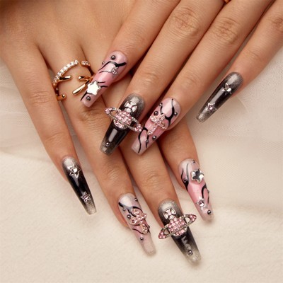 YEVYO Press on Nails Long Rhinestone Square Bling Glossy 3D Flower for Women and Girls On Fake Nails - Pink - 10 Pcs