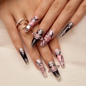 YEVYO Press on Nails Long Rhinestone Square Bling Glossy 3D Flower for Women and Girls On Fake Nails - Pink - 10 Pcs - 1 of 4