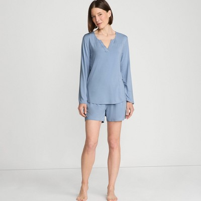 Lands' End Women's Cooling 2 Piece Pajama Set - Long Sleeve Flowy Shirt and Shorts