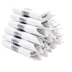 Aoibox 50 Pack Pre Rolled Silver Plastic Cutlery Set with Forks, Knives, Spoons & Napkins for Parties, Weddings & Events - 1 of 4