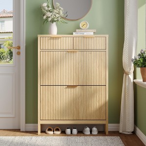 Fluted Shoe Storage Cabinet with 2 Flip Drawers & Adjustable Shelf, Narrow Shoe Organizer, Oak Natural - 1 of 4
