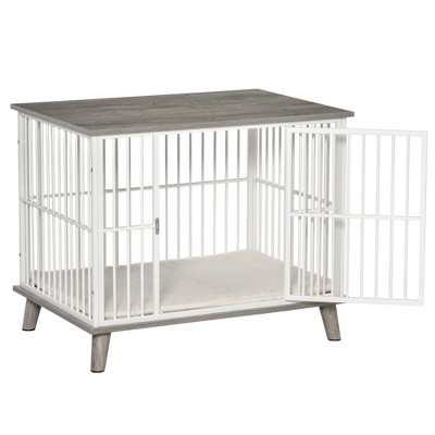 Medium Gray and White Wooden Dog Crate Table with Cushion