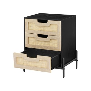 Rattan Nightstand with 3 Rattan/Wicker Drawers - 18.9" Compact Bedside Table, Metal-Footed Bedside Cabinet with Shelves - 1 of 4