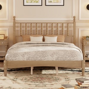 Queen Size Wood Platform Bed with Gourd Shaped HeadboardRetro Style Platform Bed with Wooden Slat SupportNatural - 1 of 4
