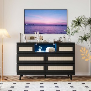 Jojoka 6 Drawer Rattan Dresser with LED Lights USB Charging Station Modern Wooden Chest for Bedroom Living Room Nursery with Multi-functional Storage - 1 of 4