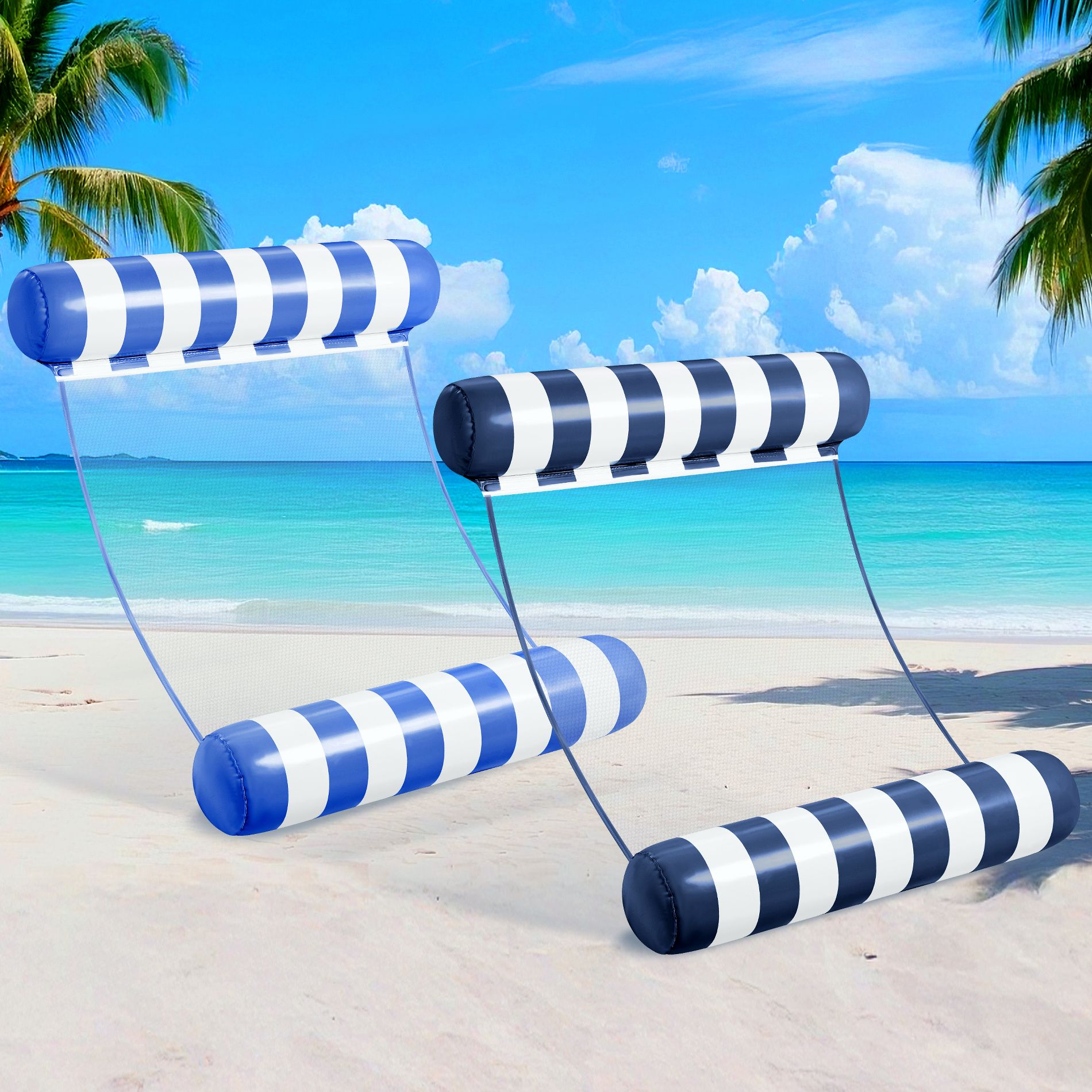 Joyfy 2 Packs Inflatable Pool Floats Hammock, 4-in-1 Pool Floaties for Adults, Beach Lake Inflatable Pool Lounge Chairs(Blue, Navyblue)