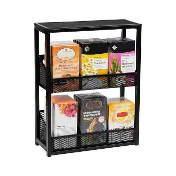 Mind Reader Network Collection 2-Tier Wood and Wire Mesh Tea Box Organizer - Black