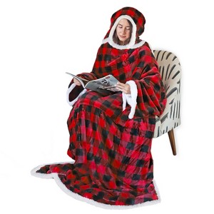Tirrinia Fleece Hood Wearable Blanket for Adults, Comfy Warm Plush Throw with Sleeves TV Blanket Wrap Robe Hoodie Cover for Sofa, 72" x 55" - 1 of 4