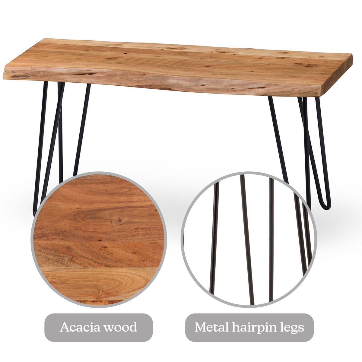 Alaterre Furniture 36" Hairpin Live Edge Bench: Industrial Mid-Century Modern, Metal & Acacia, 300 lb Capacity - thumbnail 4