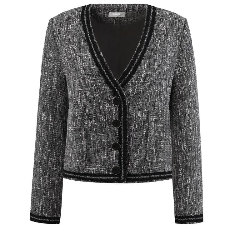 Hobemty Women's Tweed Long Sleeve Panel Trim Work Office Short Blazer Dark Grey Small