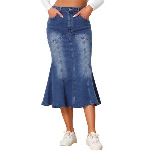 Allegra K Women's Fishtail Washed Midi Jean Bodycon Skirt - 1 of 4