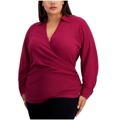 Calvin Klein Womens Textured Wrap Blouse, Purple, 1X