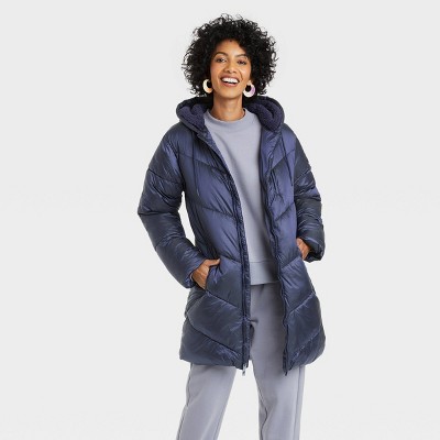 Women's Mid Length Shine Puffer Jacket - A New Day™ Blue XS