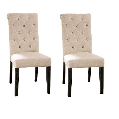 Set of 2 Side Chairs with Rolled Button Tufted Back Beige - Benzara