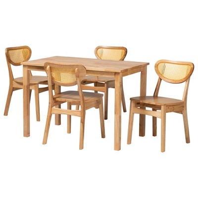 Mid-Century Oak Brown Wood and Rattan 5-Piece Dining Set