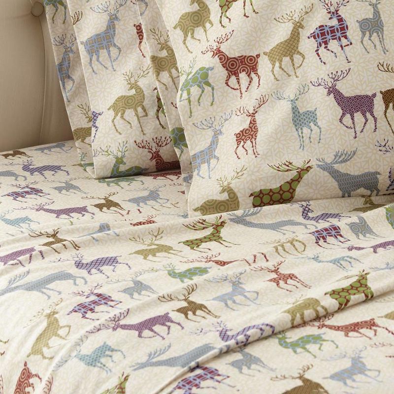 Micro Flannel Shavel Durable & High Quality Luxurious Printed Sheet Set Including Flat Sheet, Fitted Sheet & Pillowcase, Twin - Colorful Deer, 2 of 4